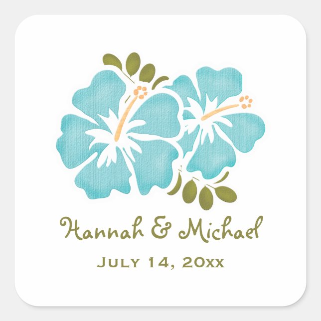 Blue Hibiscus Wedding Favour Sticker Seal (Front)