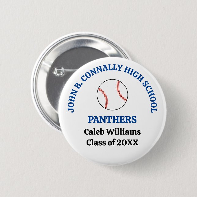 Blue High School Baseball Player Personalized 2 Inch Round Button (Front & Back)