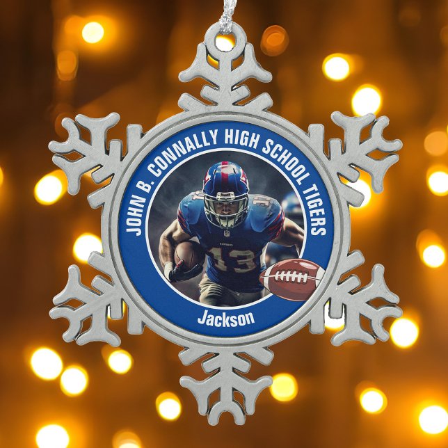 Blue High School Football Player Photo Custom Snowflake Pewter Christmas Ornament (Creator Uploaded)