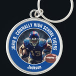 Blue High School Football Player Photo Keychain<br><div class="desc">This cool customized blue high school football player photo keychain features white typography of your team and player name. Personalize with your athlete name next to the ball.</div>