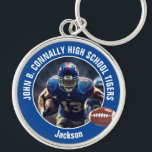 Blue High School Football Player Photo Keychain<br><div class="desc">This cool customized blue high school football player photo keychain features white typography of your team and player name. Personalize with your athlete name next to the ball.</div>