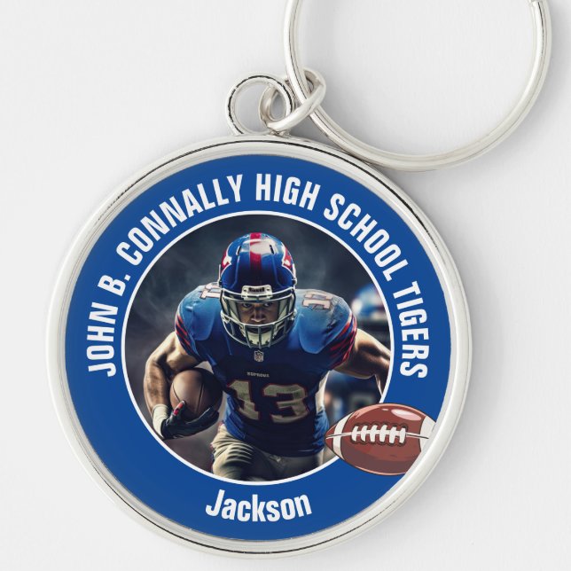 Blue High School Football Player Photo Keychain (Front)
