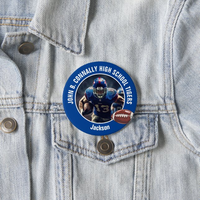 Blue High School Football Player Photo Large Brag 3 Inch Round Button (In Situ)