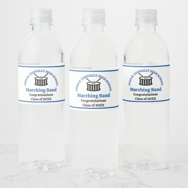 Blue High School Marching Band Graduation Party Water Bottle Label (Bottles)