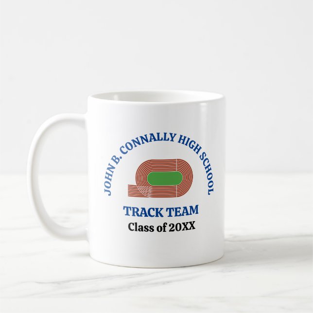 Blue High School Track & Field Team Personalized Coffee Mug (Left)