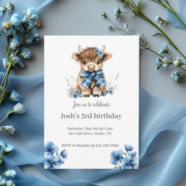 Blue Highland Cow Birthday Party Invitation (Creator Uploaded)