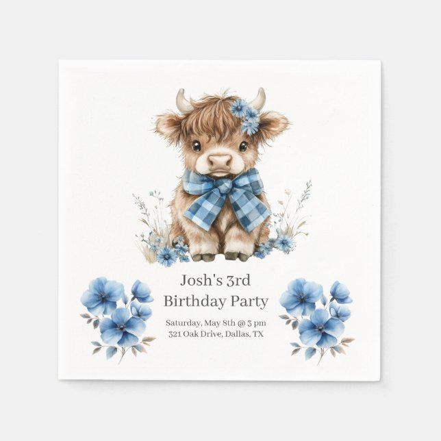 Blue Highland Cow Birthday Party Napkin (Front)