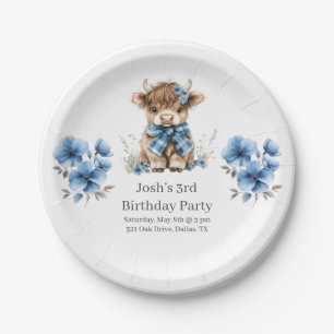 Blue Highland Cow Birthday Party Paper Plate