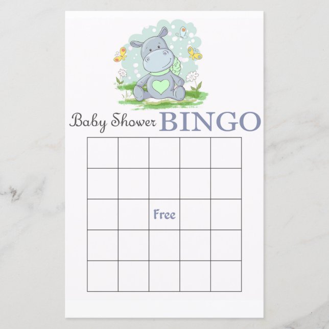 Blue hippo baby shower bingo card (Front)