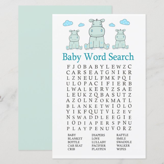 Blue Hippo Baby Shower Word Search Game (Front/Back)