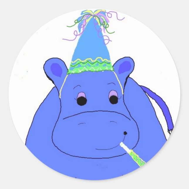 Blue Hippo Birthday Classic Round Sticker (Front)