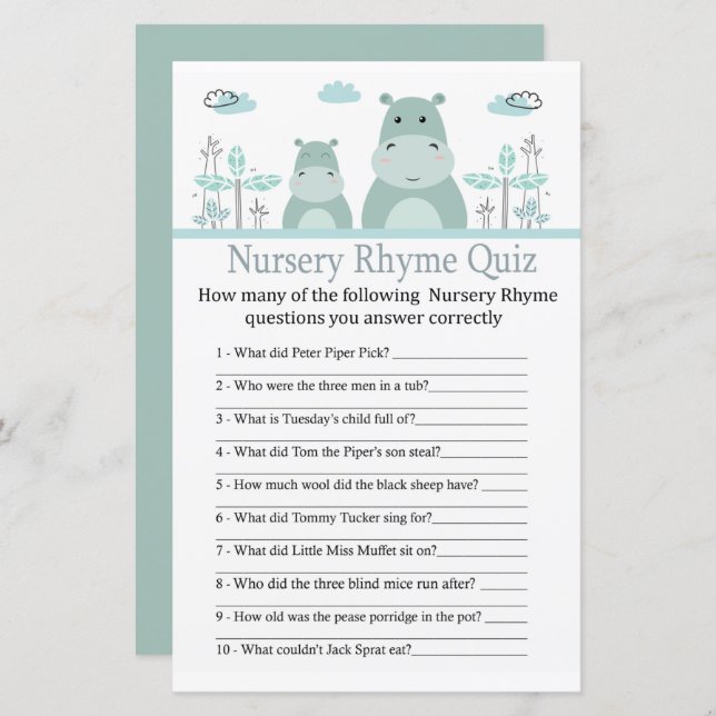 Blue Hippo Nursery Rhyme Quiz baby shower game (Front/Back)