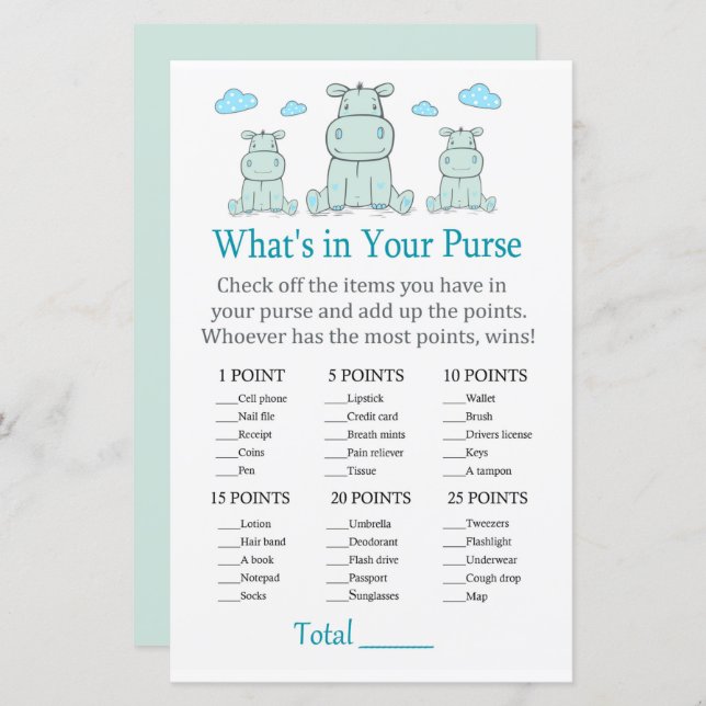 Blue Hippo What's in your purse game (Front/Back)