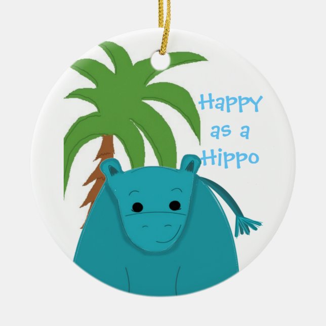 Blue Hippopotamus with a Palm Tree Ceramic Ornament (Front)