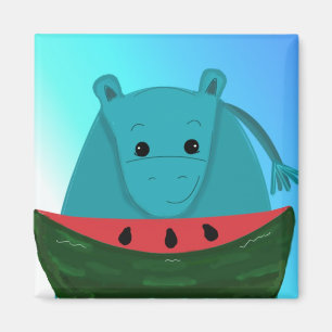 Blue Hippopotamus with Watermelon Slice Magnet