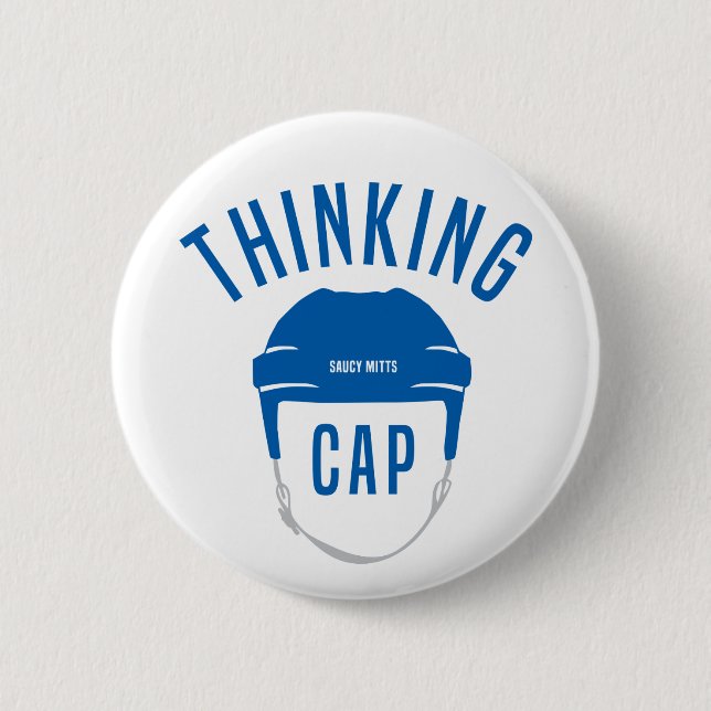 Blue Hockey Helmet Thinking Cap Flair Button (Front)