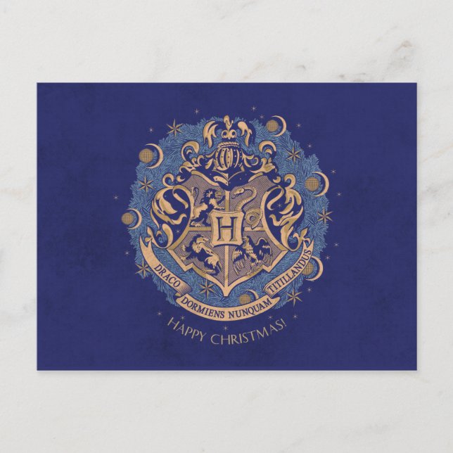 Blue HOGWARTS™ Crest Holiday Wreath Postcard (Front)
