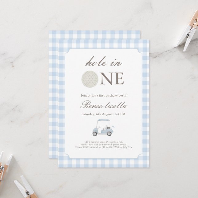 Blue Hole in One Golf Cart Birthday Invitation  (Front/Back In Situ)