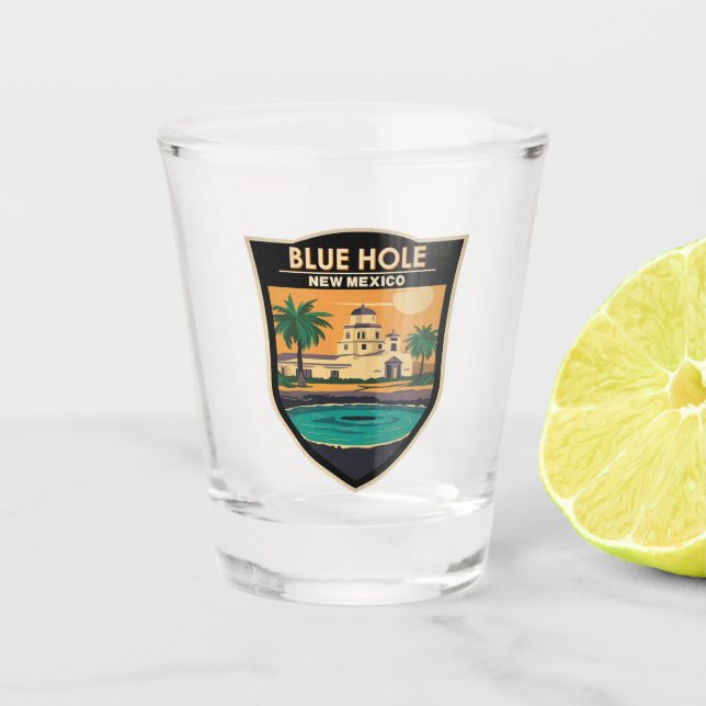 Blue Hole New Mexico Travel Art Badge Shot Glass (Front)
