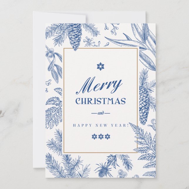Blue Holiday Floral | Photo Holiday Card (Front)