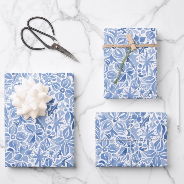 Blue Holiday Floral Wrapping Paper Sheet (Front)