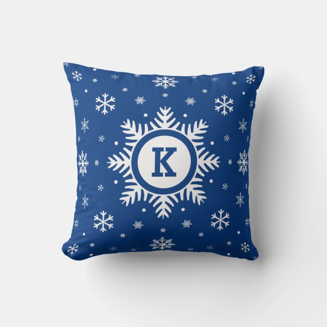 Blue Holiday Monogram Winter Snowflake pillow (Front)