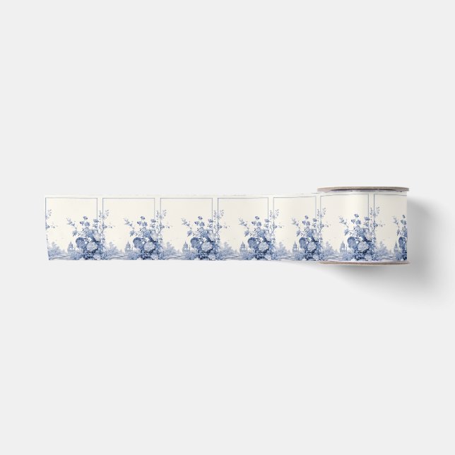 Blue Holiday Ribbon with French Floral Pattern Satin Ribbon (Front)