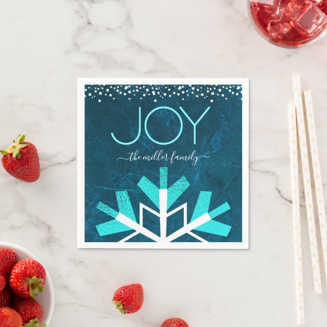Blue Holiday Snowflake Joy Modern Typography Name Napkin (Insitu)