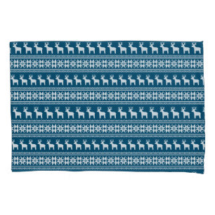 Blue Holiday Winter Snowflake Reindeer Pattern Pillowcase