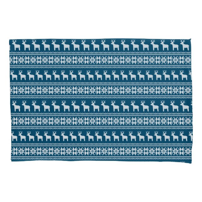 Blue Holiday Winter Snowflake Reindeer Pattern Pillowcase (Front)