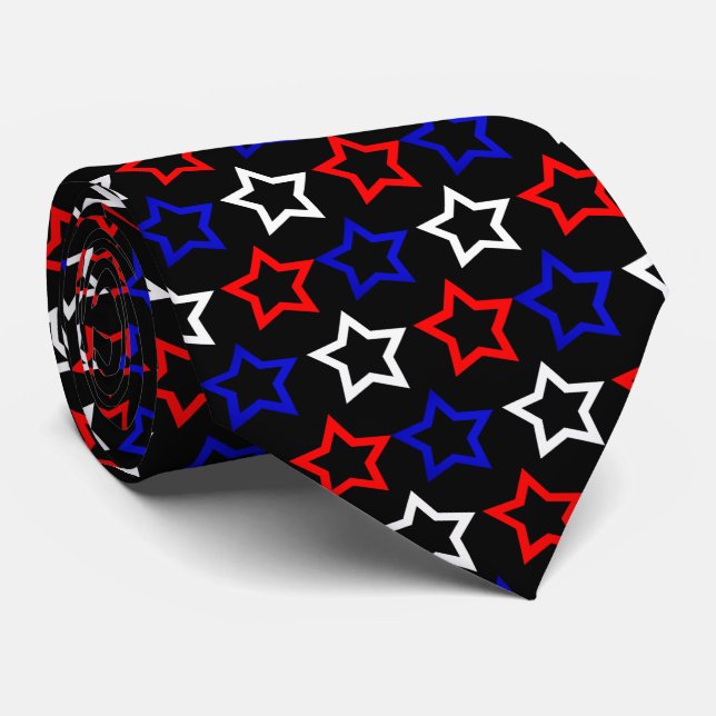 Blue Hollow Star Pattern Over Black Background Tie (Rolled)