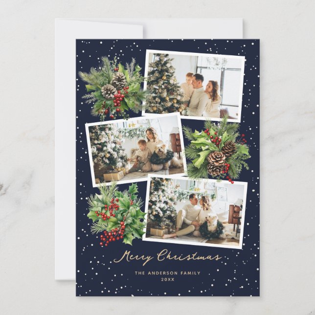 Blue Holly Berries Pine Cones Photo Christmas Card (Front)