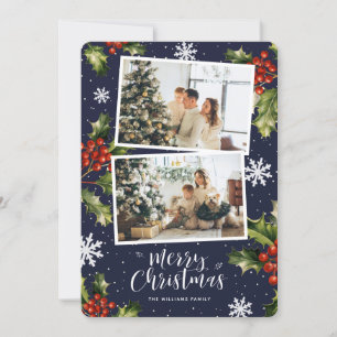 Blue Holly Berries Snowflakes Photo Christmas Card