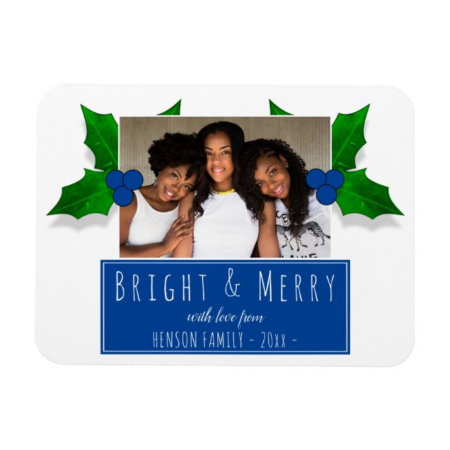 Blue Holly Berry Plant Leaves Photo Christmas Magnet (Horizontal)