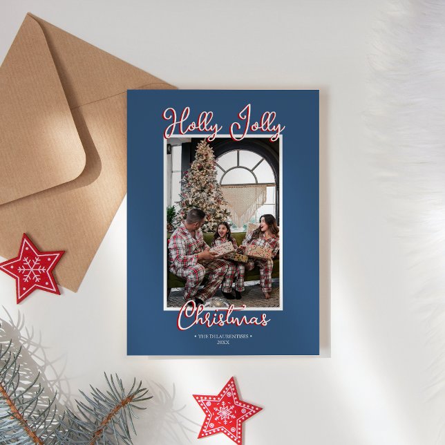 Blue Holly Jolly Christmas Family Photo Holiday Card (Creator Uploaded)
