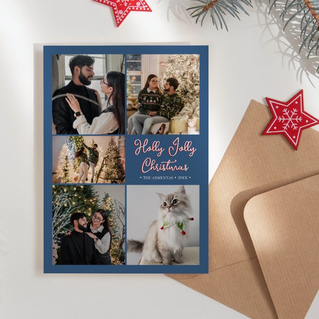 Blue Holly Jolly Christmas Five Photo Collage Holiday Card (Creator Uploaded)