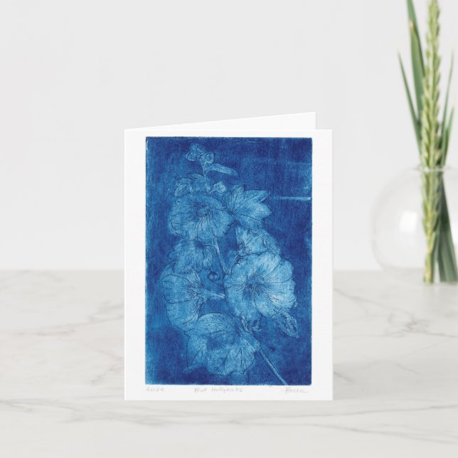 Blue Hollyhocs Intaglio WoodblockImprimer carte bl (Devant)