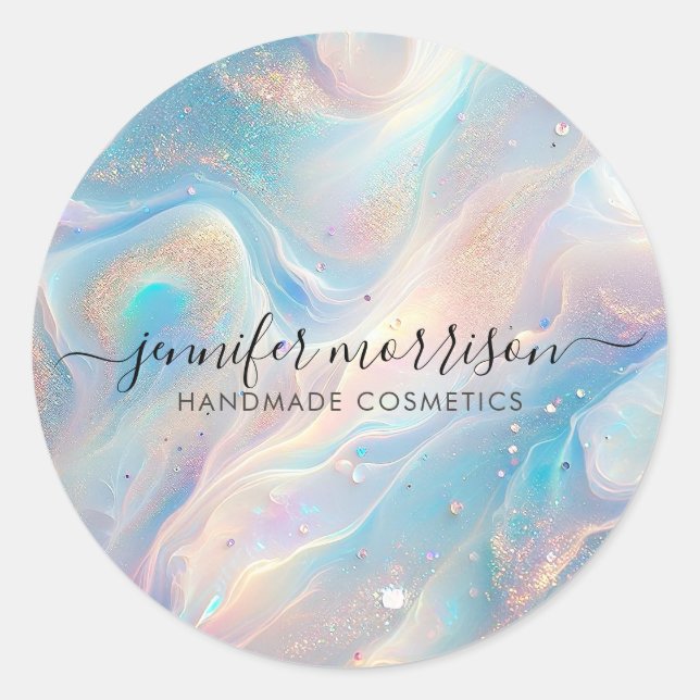 Blue Holographic Opal Gold Glitter Makeup, Beauty Classic Round Sticker (Front)