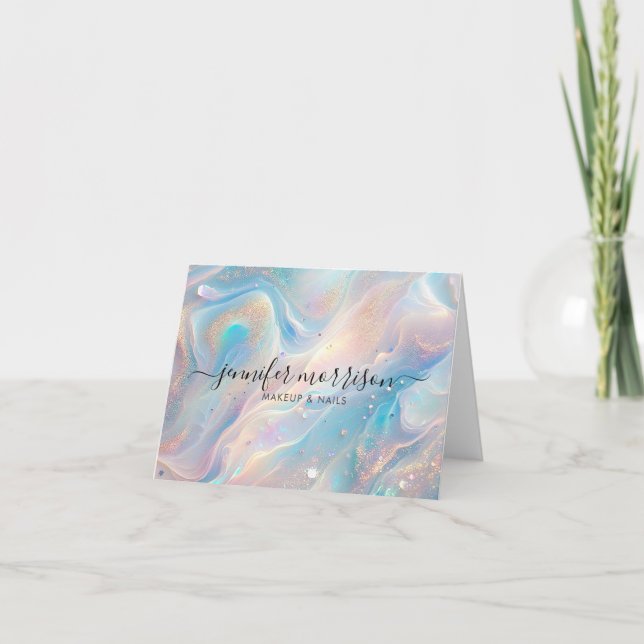 Blue Holographic Opal Gold Glitter Personalized Card (Front)