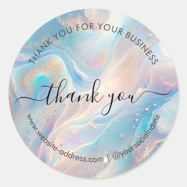 Blue Holographic Opal Gold Glitter Thank You Classic Round Sticker (Front)