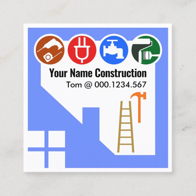 Blue Home Building Frame Handyman Square Business Card (Front)