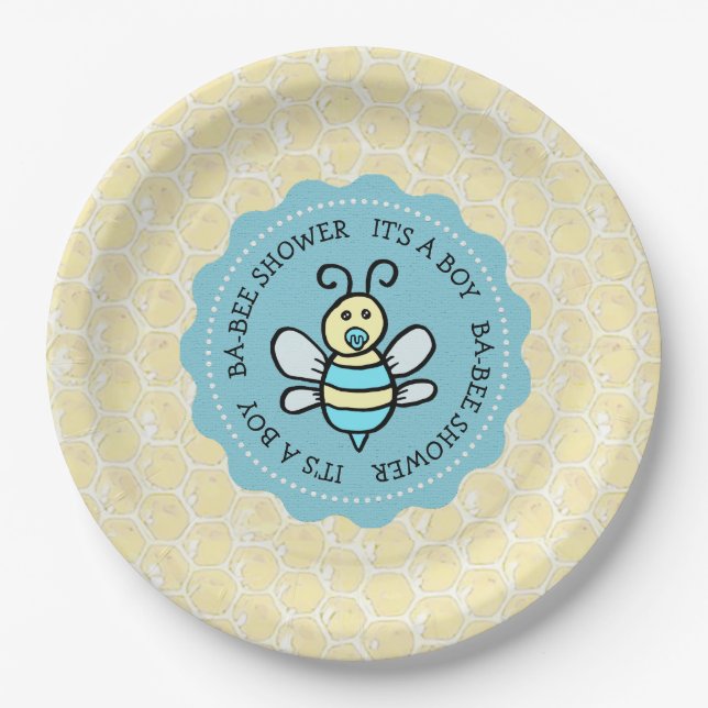 Blue Honey Bee Boy's Baby Shower Paper Plate (Front)