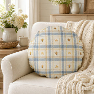 Blue Honey Meadow Cottage Plaid Bee Round Pillow
