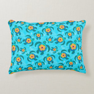 Blue Honu Sea Turtles Hibiscus Flowers Accent Pillow