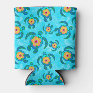 Blue Honu Sea Turtles Hibiscus Flowers Can Cooler
