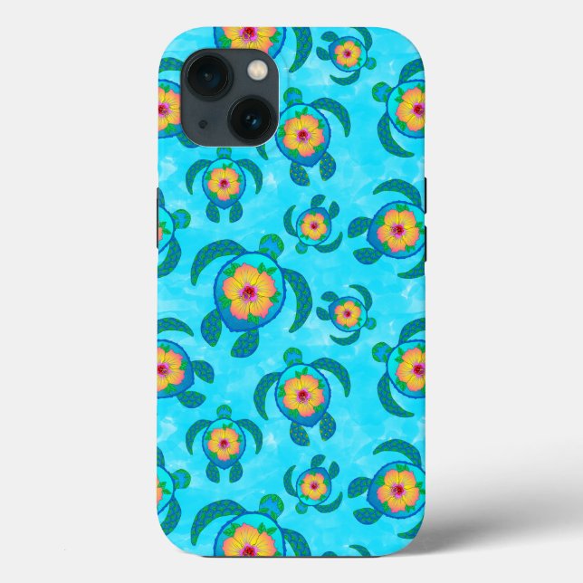 Blue Honu Sea Turtles Hibiscus Flowers Case-Mate iPhone Case (Back)