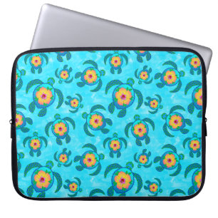 Blue Honu Sea Turtles Hibiscus Flowers Laptop Sleeve