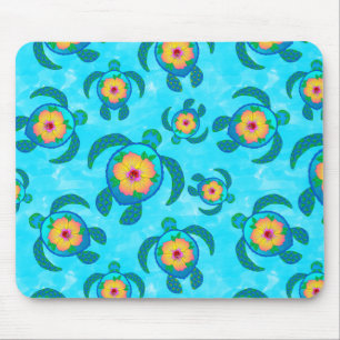 Blue Honu Sea Turtles Hibiscus Flowers Mouse Pad