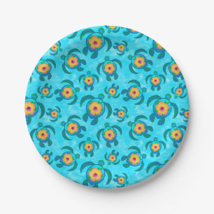 Blue Honu Sea Turtles Hibiscus Flowers Paper Plate