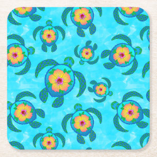 Blue Honu Sea Turtles Hibiscus Flowers Square Paper Coaster